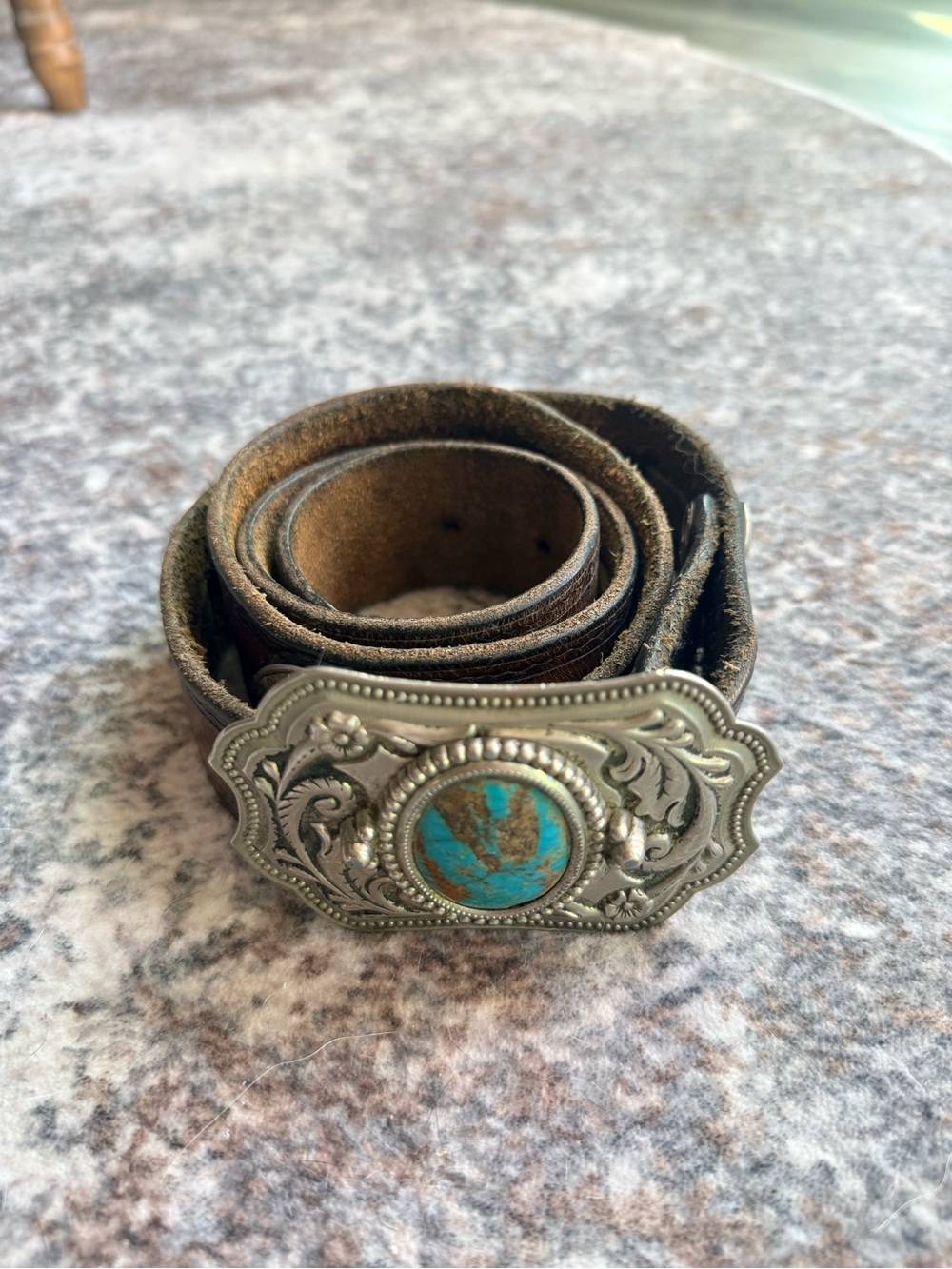 Genuine Leather Belt with Turquoise Stone Buckle